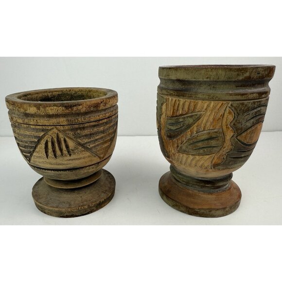 Vintage Wooden Hand Carved Pedestal Mortar/Cup/Vase‎ Set Of 2 Rustic - Picture 4 of 8